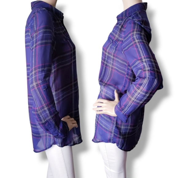 Guess Purple & Pink Plaid Print Chiffon Sheer Long Sleeve Blouse Size Small - Picture 4 of 8
